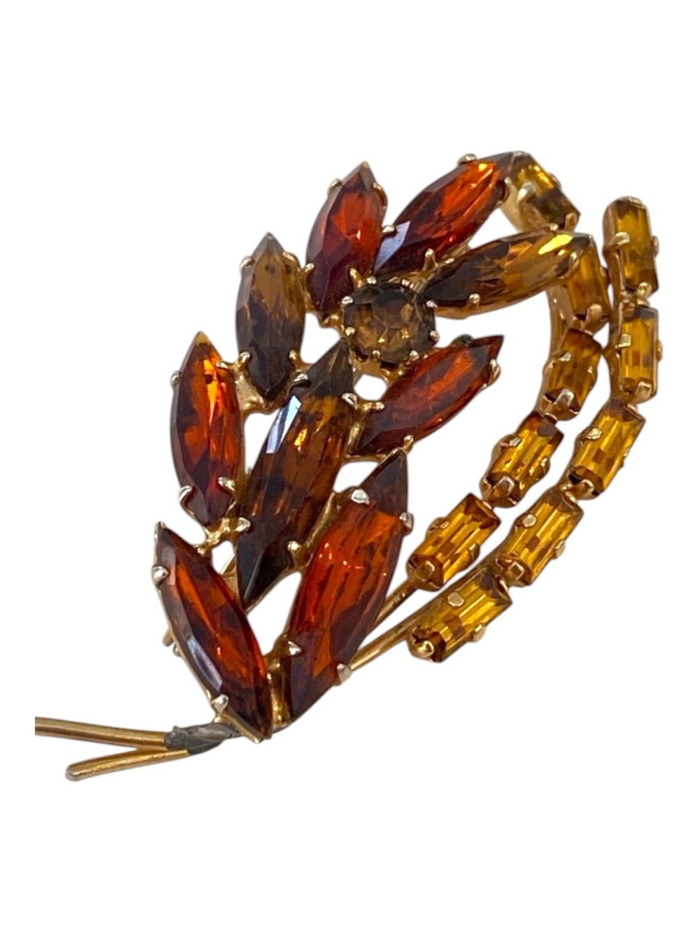 Vintage 1950s Amber & Gold Tone Rhinestone Leaf Brooch Pin costume jewelry cryst